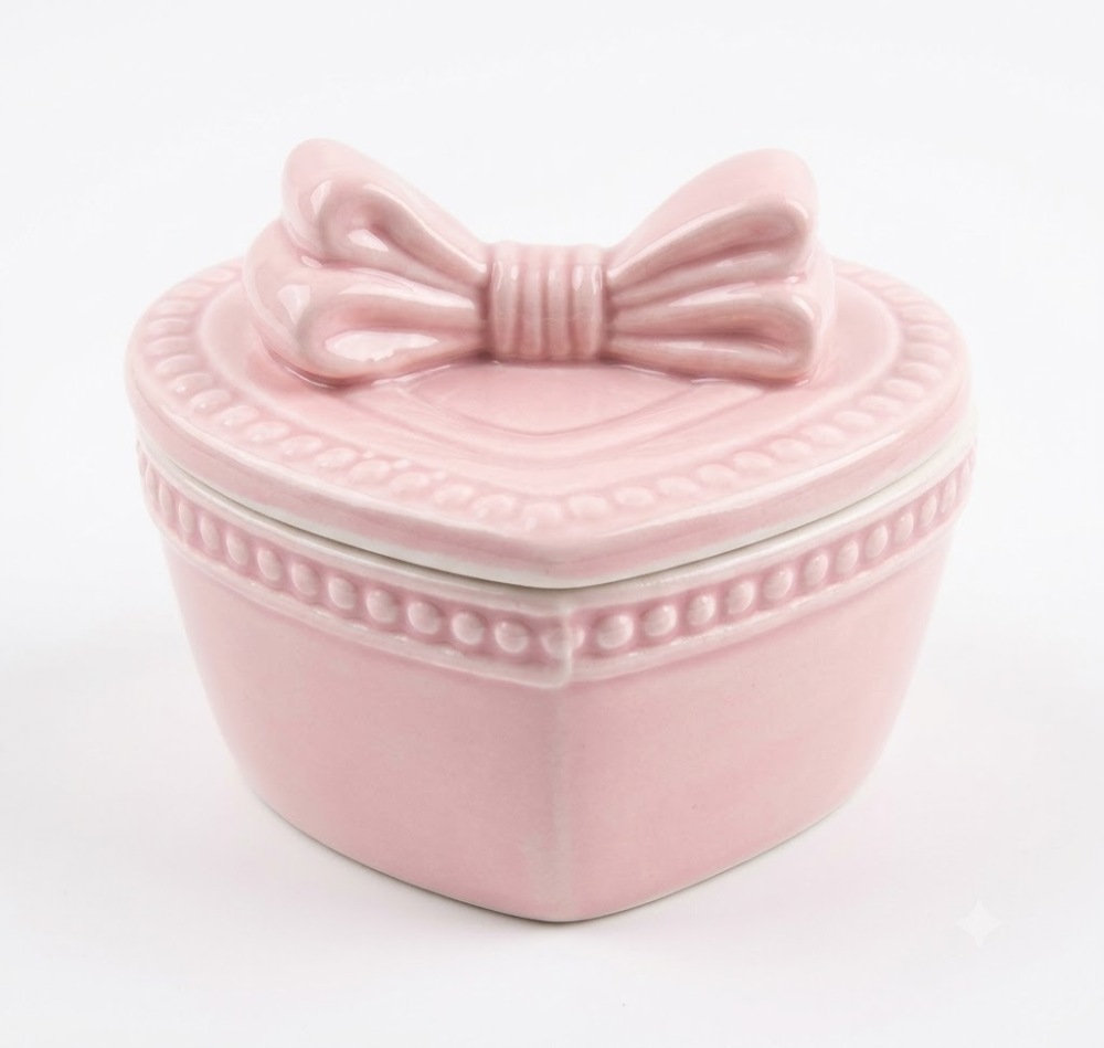 Pastel Pink Ceramic Heart Trinket Box with Bow Lid 1pc