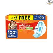 Whisper Choice Sanitary Regular Pads for Women, Regular, Pack of 20 Pads