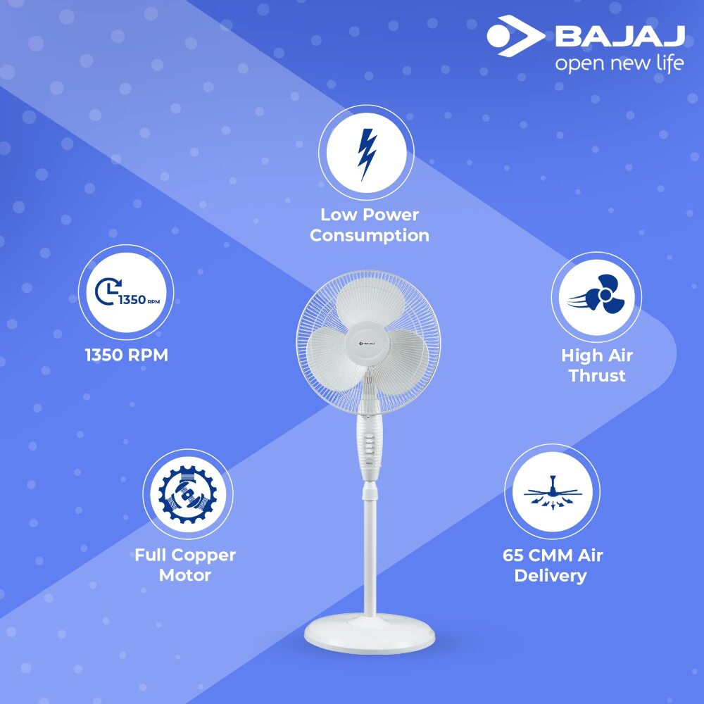 Bajaj Esteem 400 MM Oscillating Pedestal Fan for Home|Stand Fan with Tilt Mechanism| Voltage Protection| 100% CopperMotor| HighAir Delivery| 3-Speed Control| Telescopic Arrangement|2-Yr Warranty|White