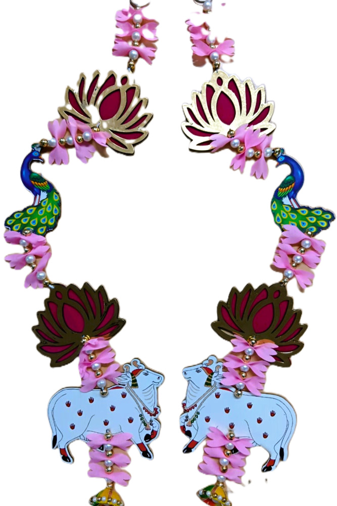 Designer Kamdhenu Cow Wall Hanging Latkan With Pink Lotus And Peacock Pair