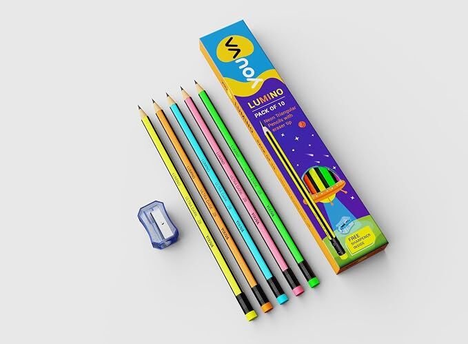 Youva Lumino Neon Triangular Pencil with eraser Tip Pack Of 10
