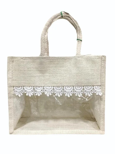 Eco-Friendly Decorative Jute Hamper Bag With Lace Rectangular