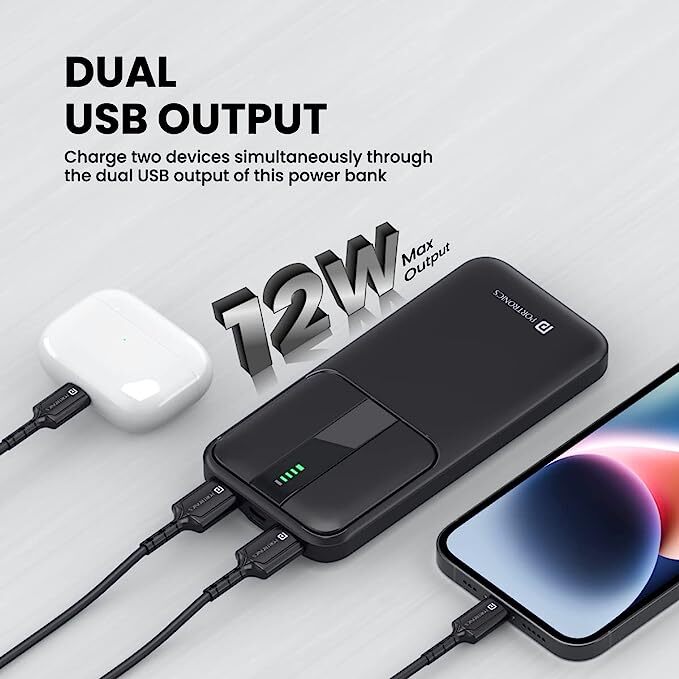 Portronics Power E 10K 10000 mAh,2.4A 12w Slim Power Bank with Dual USB Output Port for iPhone, Anrdoid & Other Devices.(Black)