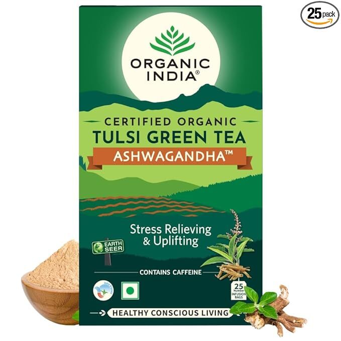 Organic India Tulsi Green Tea Ashwagandha Tea Bags, Net Qty 25 Infusion bags * 2 g