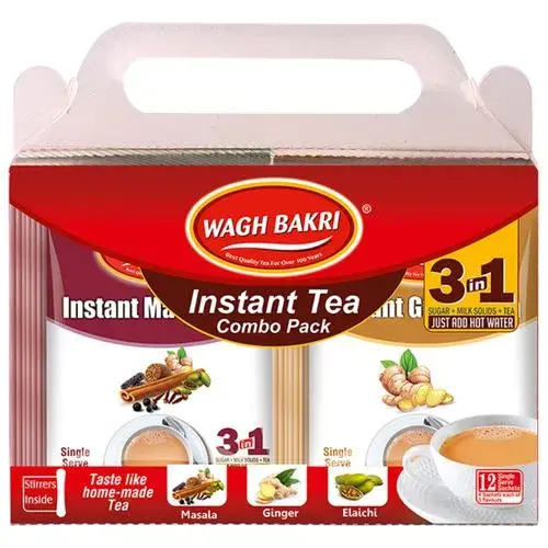 Wagh Bakri Instant Premix Tea - 3 In 1 Combo Pack With Masala,Ginger & Elaichi, 168 g (12 Sachets x 14g Each)