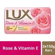 Lux Rose & Vitamin E Soap Bar, For Soft Glowing Skin with 7 Beauty Ingredients, 150 g (Pack of 3)