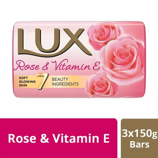Lux Rose & Vitamin E Soap Bar, For Soft Glowing Skin with 7 Beauty Ingredients, 150 g (Pack of 3)