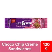 Parle Hide & Seek Choco Chip Creme Sandwiches Strawberry Flavoured Biscuits 120 g