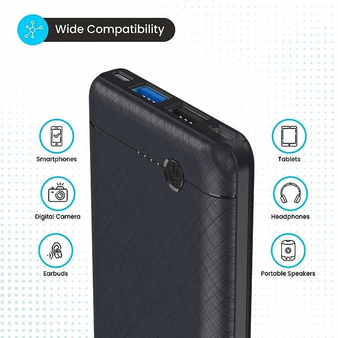 Portronics Power Brick II 10000 mAh,2.4A 12w Slim Power Bank with Dual USB Output Port for iPhone, Anrdoid & Other Devices.