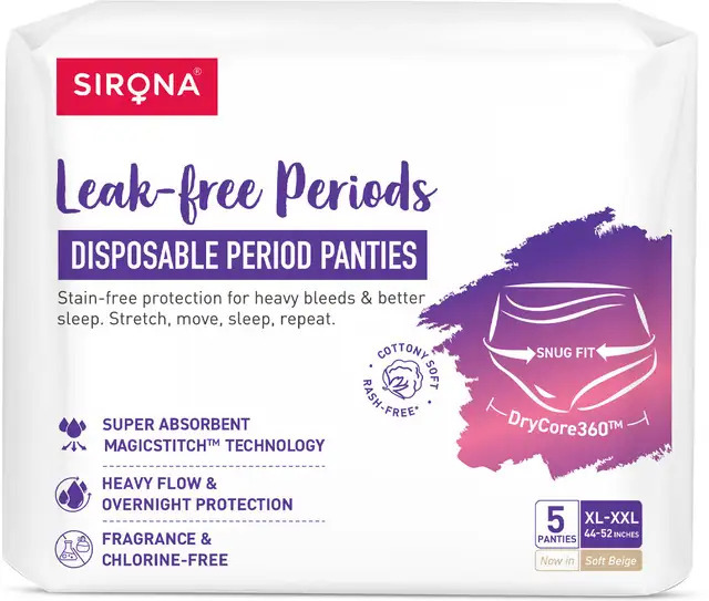 Sirona Disposable Period Panty for Girls & Women | XL-XXL | Beige Colour | Pack of 5