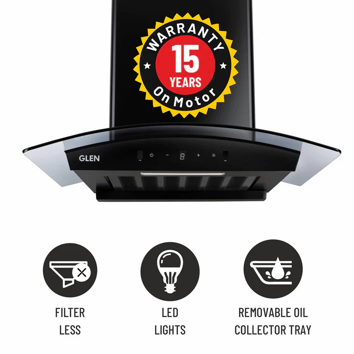 Auto Clean Curved Glass Filter-less Kitchen Chimney, Motion Sensor control with Digital Display 1500 m3/h (6059 DI BL AC) Free Pipe And Installation