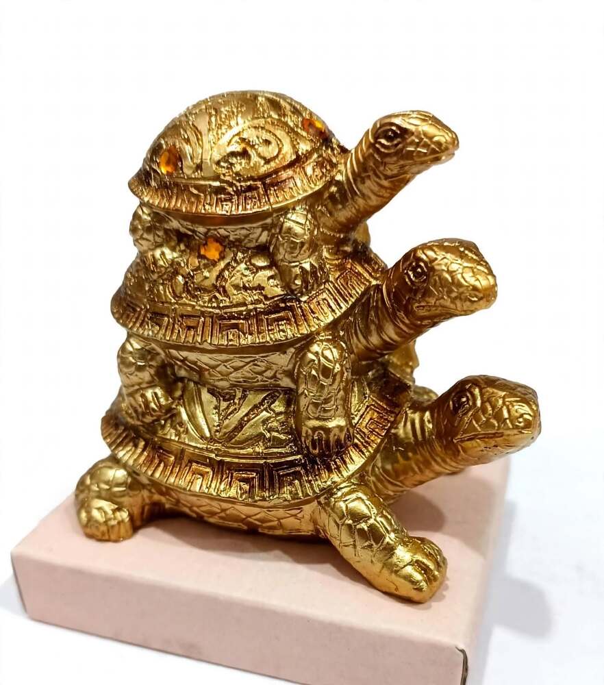 Golden Triple Tortoise Family Statue