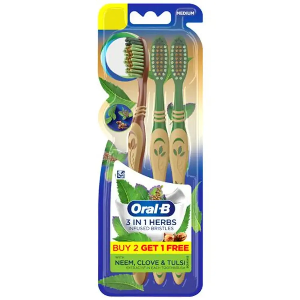 Oral B 3 In 1 Toothbrush - Herbs Infused Bristles With Neem, Clove & Tulsi Extracts, 1 pc (Pack of 3)
