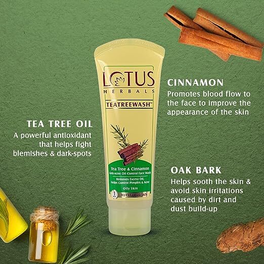 Lotus Herbals TEATREEWASH Tea Tree & Cinnamon Anti-Acne Oil Control Face Wash, 120 gm