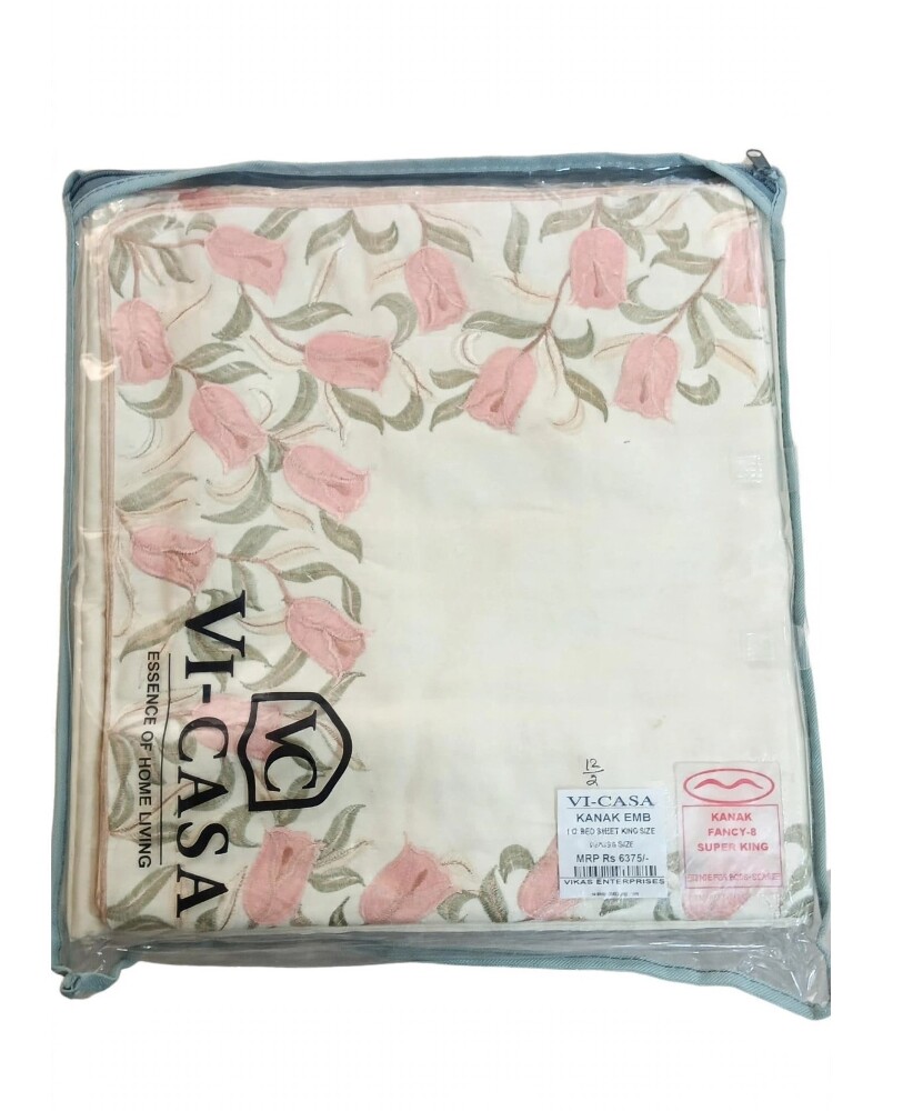 VI-Casa Kanak EMB King Size Bed Sheet & Pillow Cover 3U