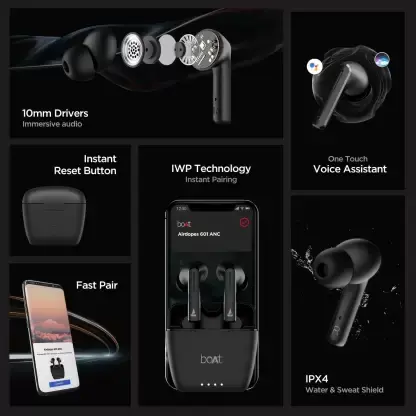 boAt Airdopes 601 ANC with Swipe Controls and 28 Hours Playtime Bluetooth Headset (Black, In the Ear)