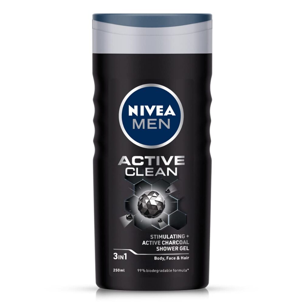 Nivea Body Wash, Active Clean with Active Charcoal, Shower Gel For Body, Face & Hair, 250 ml