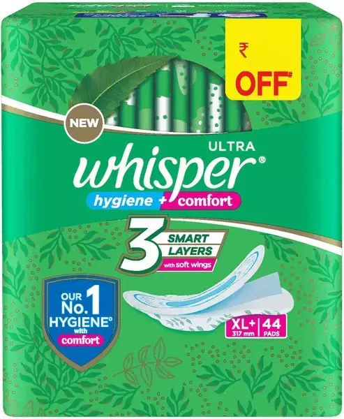New Whisper Ultra hygiene+comfort Sanitary Pads XL+, Pack of 44 Pads