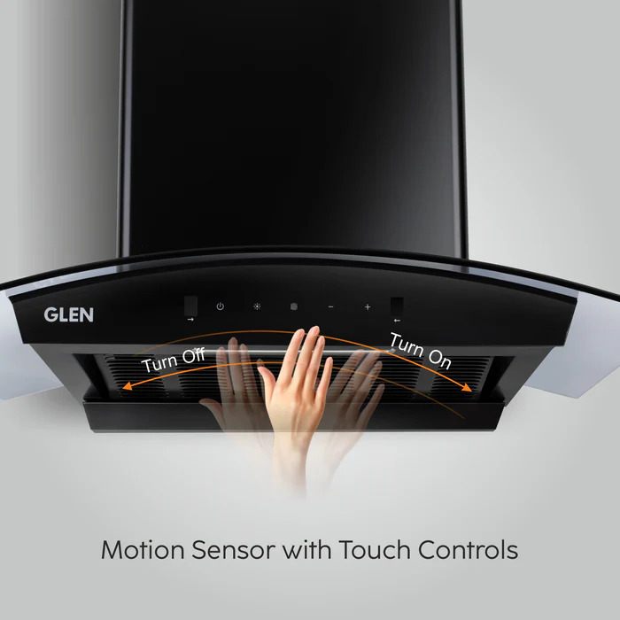 Auto Clean Curved Glass Filter less Kitchen Chimney with Motion Sensor 60/76cm, 1200 m3/h (6058 BL Auto Clean) Free Pipe And Installation