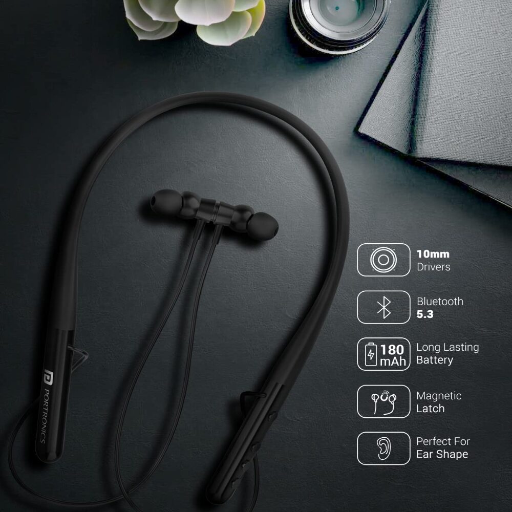 Portronics Harmonics Z4 Wireless Bluetooth 5.3 Neckband in Ear Earphones with Mic, 30Hrs Playtime, Gaming Mode, Voice Assistance, Magnetic Latch, IPX4 Water Resistant, Type C Fast Charging(Black)