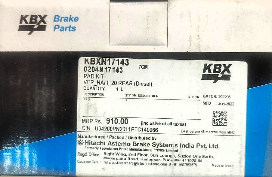 Rear Disc Pad for Hyundai Verna / i20 (Diesel)-KBXN17143