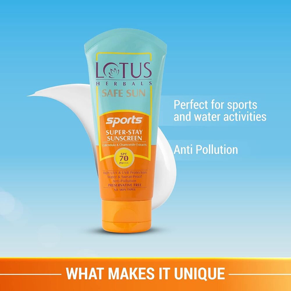 Lotus Herbals Safe Sun Sports Super-Stay Sunscreen SPF 70 PA+++ - Lotus Herbals, 80 gm
