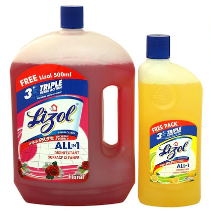 Lizol All In 1 Disinfectant Surface Cleaner Floral 2L+Free500mlCitrus