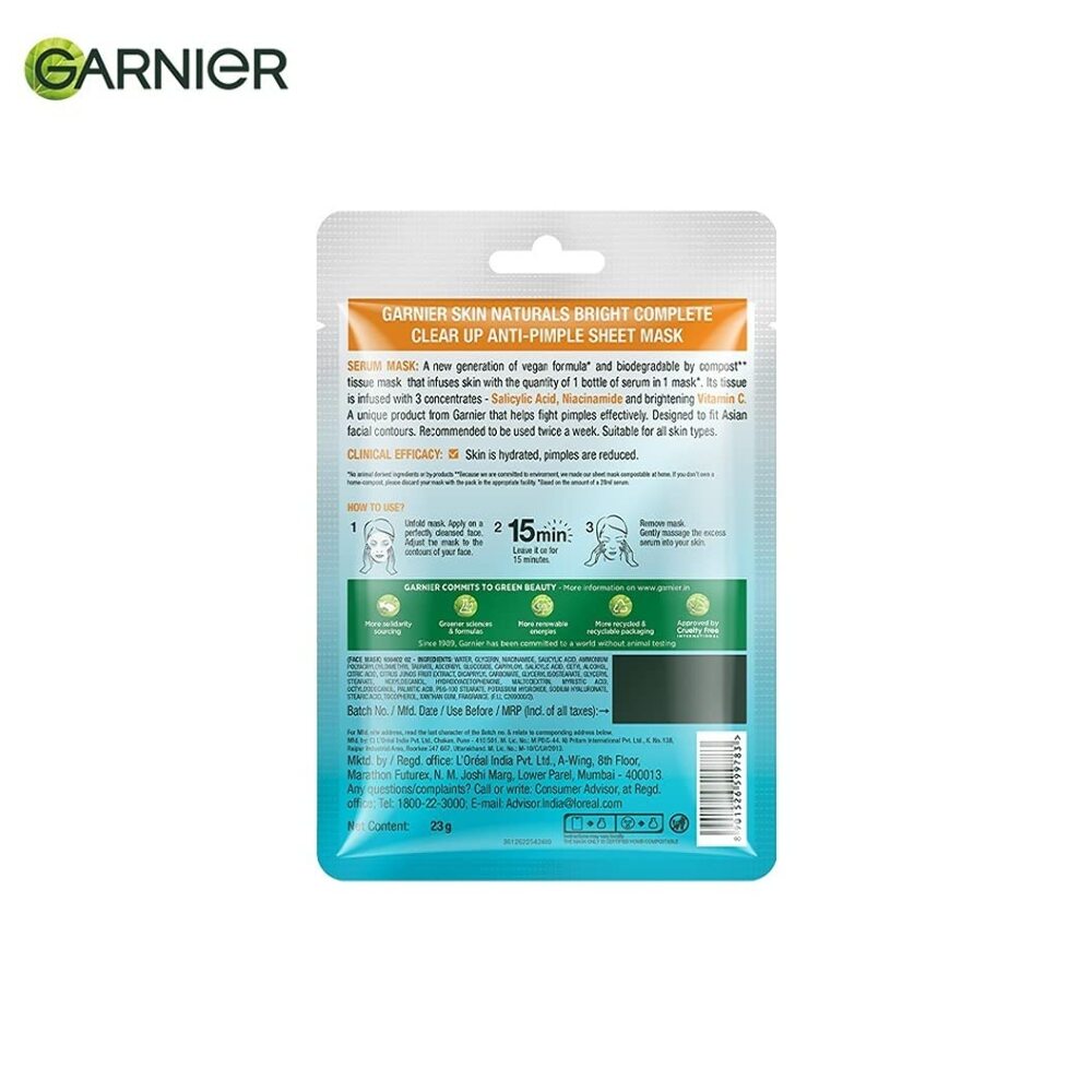 Garnier Bright Complete Anti Pimple Sheet Mask With Salicylic Acid, Niacinamide & Vitamin C Serum 28 g