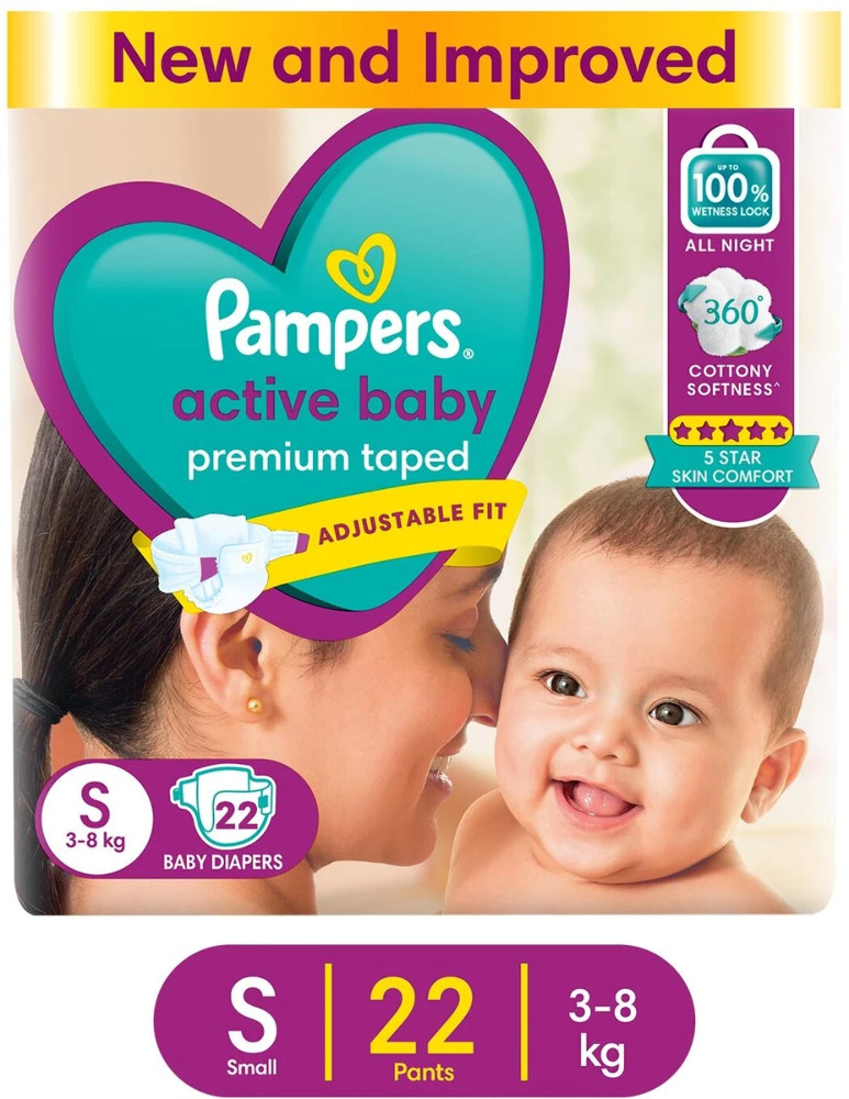 Pampers Active Baby Premium Taped Adujustable Fit S 3-8Kg, 22Diapers