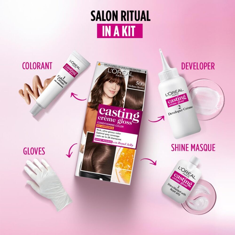 L'Oreal Paris Casting Creme Gloss Conditioning Hair Color No Ammonia - 500 Medium Brown (87.5 g + 72 ml)