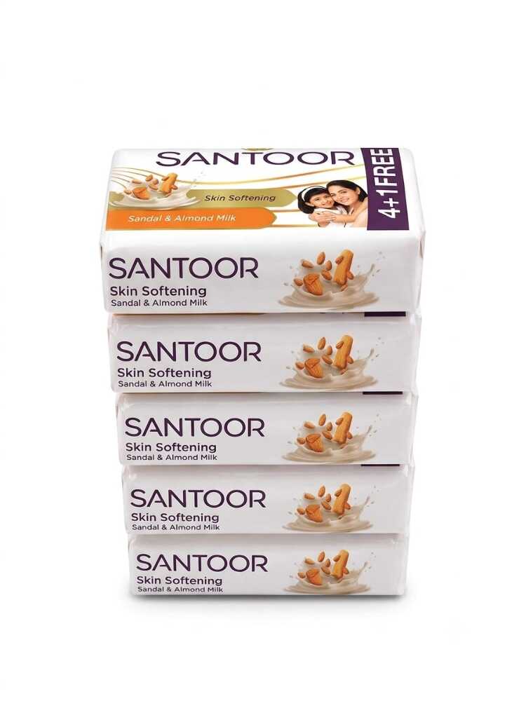 Santoor Skin Softening Sandal & Almond Milk Bathing Soap Buy 4 Get 1 Pack Of 5
