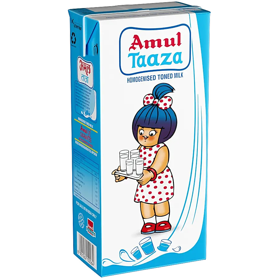 Amul Taaza Homogenised Toned Milk, 1 L (Tetra Pak)