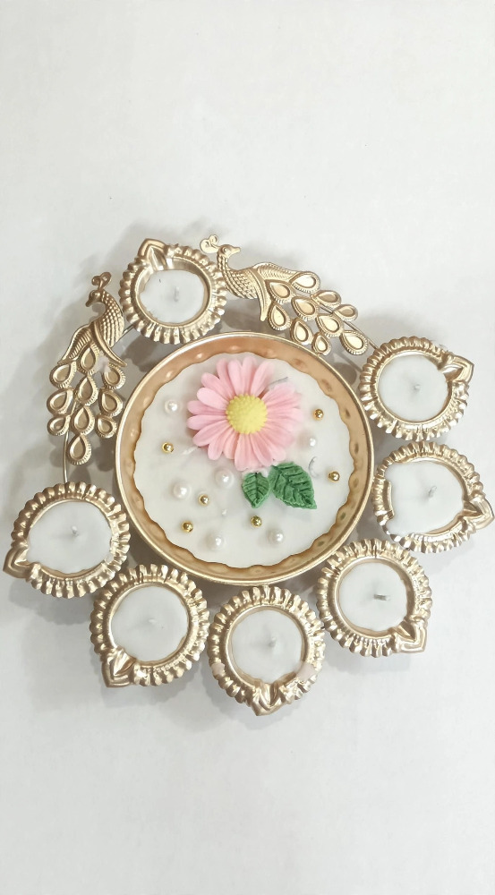 Golden Peacock Decorative Wax Diya Set with Floral Design 1N