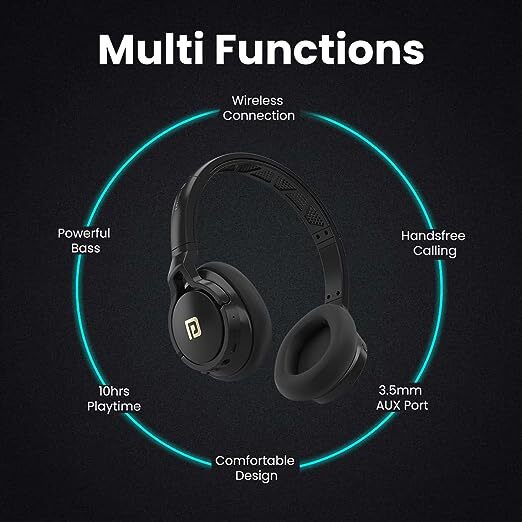 Portronics Muffs M1 Wireless Bluetooth Over Ear Headphone, Powerful Bass, Handsfree Calling, 3.5mm Aux in, Long Playtime(Black)