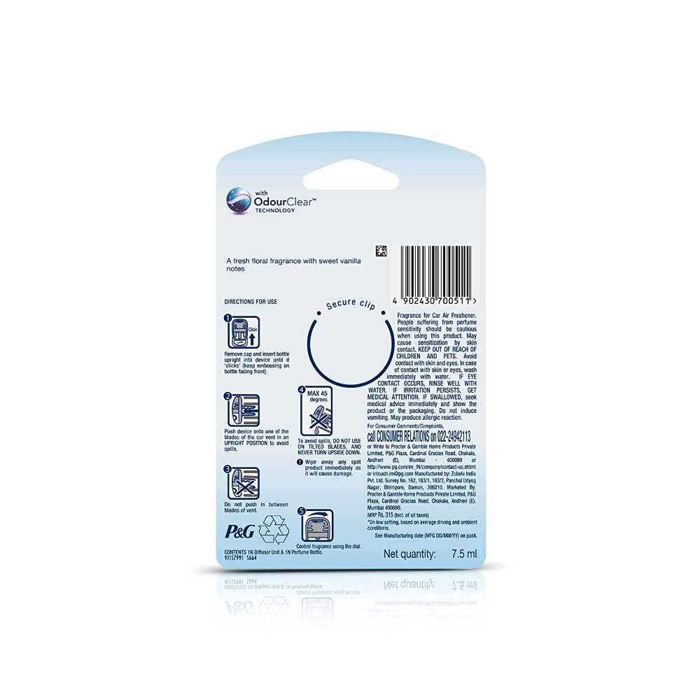 Ambi Pur Vanilla Bouquet Car Vent Air Freshener Starter Kit, 7 ml