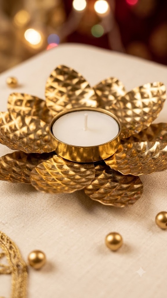 Golden Metallic Lotus Tealight Candle Holder