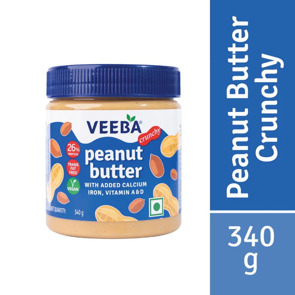 Veeba Peanut Butter Crunchy | High Protein | Naturally Gluten Free | Vegan | No Added Preservatives | Added Calcium, Iron, Vitamin A & D | No Added Colour & Flavour | Non GMO | 340 g