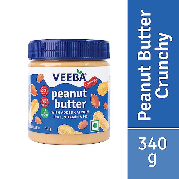 Veeba Peanut Butter Crunchy | High Protein | Naturally Gluten Free | Vegan | No Added Preservatives | Added Calcium, Iron, Vitamin A & D | No Added Colour & Flavour | Non GMO | 340 g