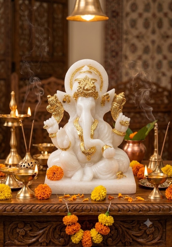 Premium White Marble Gold-Gilded Sitting Ganesha Idol 1pc