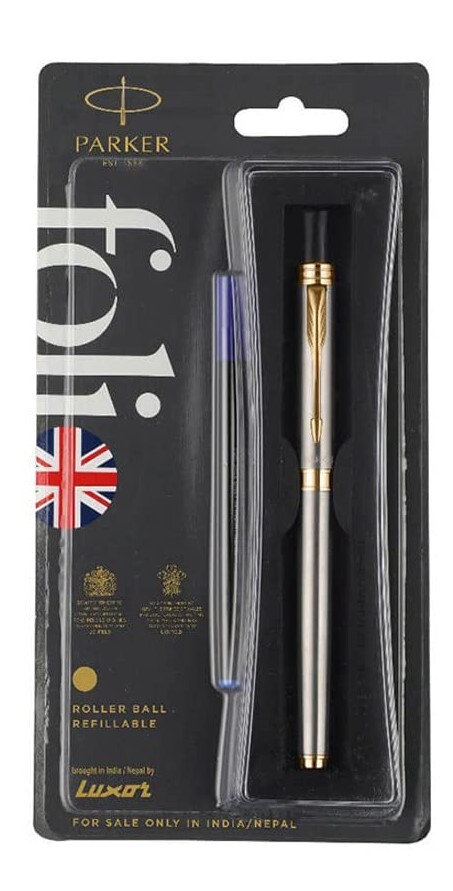 Parker Folio Stainless Steel Gold Trim Roller Ball Pen 1U