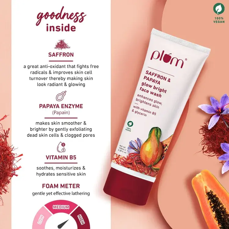 Plum Saffron & Papaya Glow Bright Face Wash| For All Skin Types | 100% Vegan, 100 g