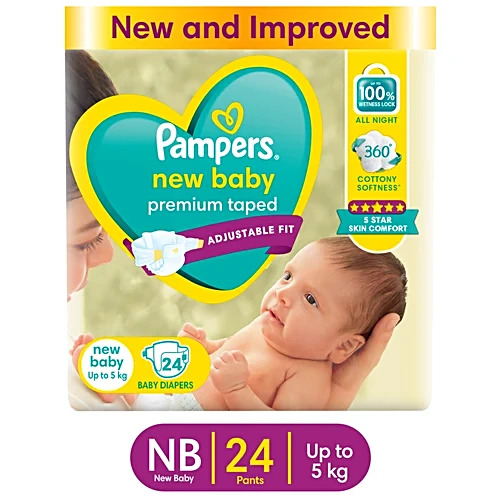 Pampers New Baby Premium Taped Adjustable Fit Up To 5Kg, 24Diapers