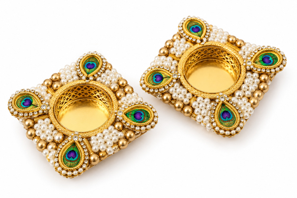 Regal Peacock Pearl Diya Set Of 2